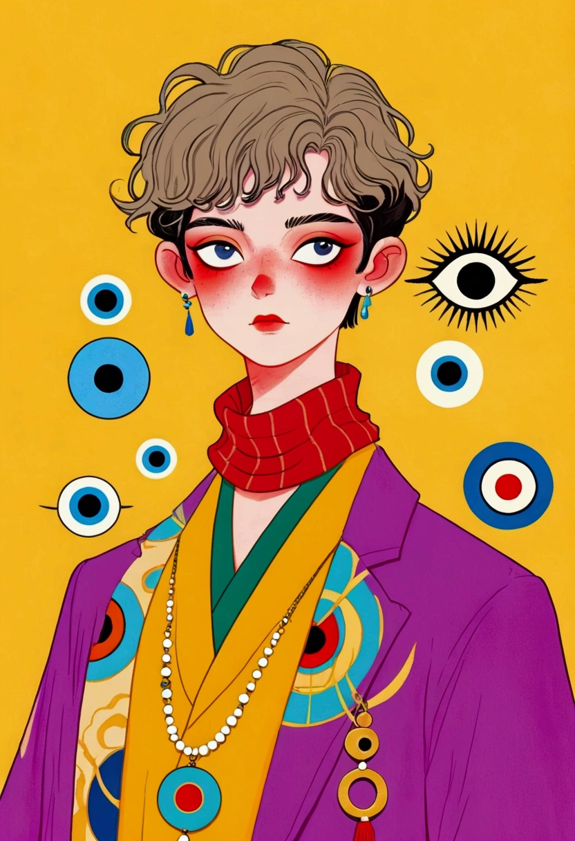 In a painting,A man in a colorful jacket、Delicate androgynous prince wearing a scarf,((( short hair,The third eye on clothes))),temperament,独奏,Gouache inspired by Lubin Baugin, cg Social Hotspot, Cloisonnism, detailed Fashion Illustration, Fashion Illustration, luxury Fashion Illustration, Hanfu, Complex Abstract. (Gucci style), Color illustrations, cypherpunk Fashion Illustration, ,(((Solid color background)))