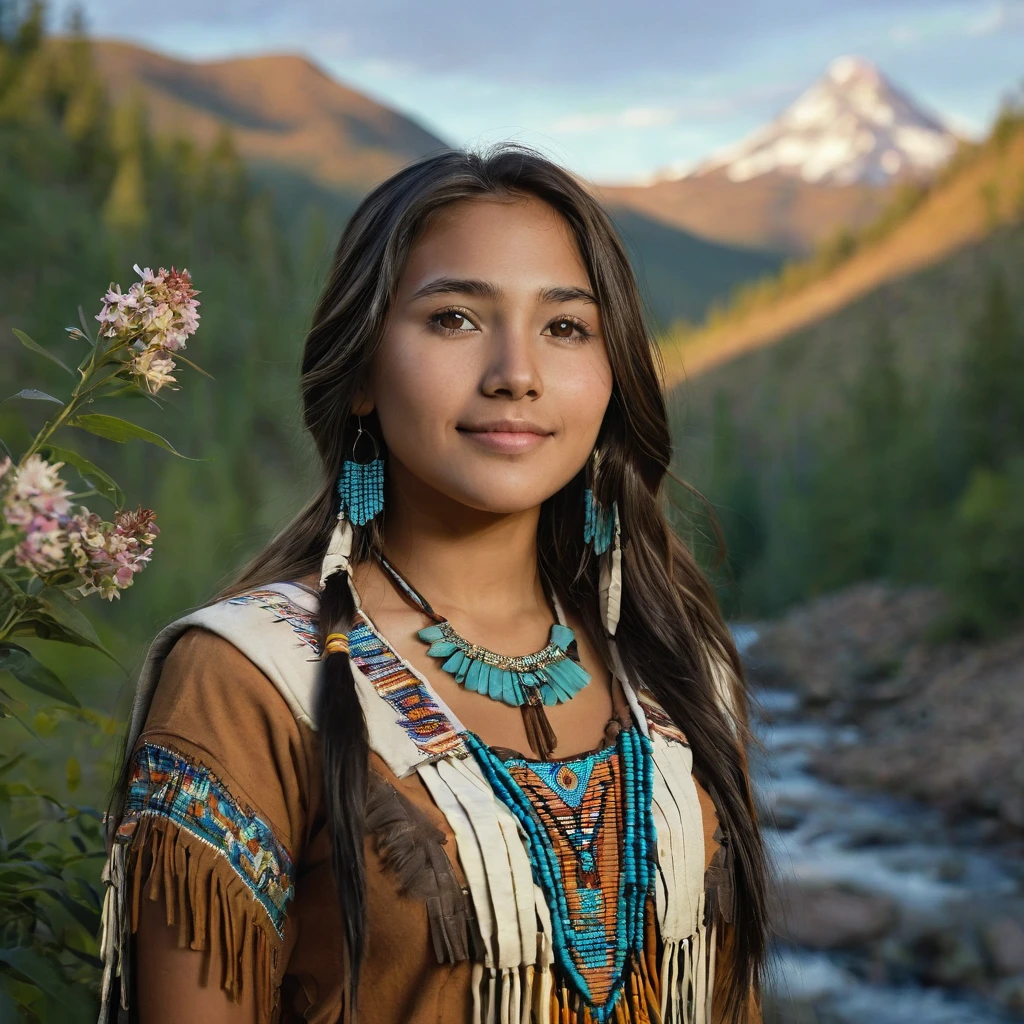 (grainy:0.5), cinematic, beautiful girl 25 year old with sexy clothing,native american,fantasy,(solo:1.3), detailed brown eyes, detailed face, detailed native American sexy clothing , volumetric lighting, dusk, extremely detailed background, standing next to forest, mountains, flowers, water fall, smiling, half closed eyes, tilted head, from side, sitting next to her wolf