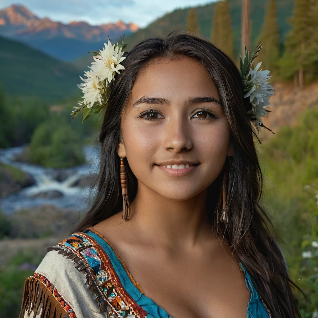 (grainy:0.5), cinematic, beautiful girl 25 year old with sexy clothing,native american,fantasy,(solo:1.3), detailed brown eyes, detailed face, detailed native American sexy clothing , volumetric lighting, dusk, extremely detailed background, standing next to forest, mountains, flowers, water fall, smiling, half closed eyes, tilted head, from side, sitting next to her wolf