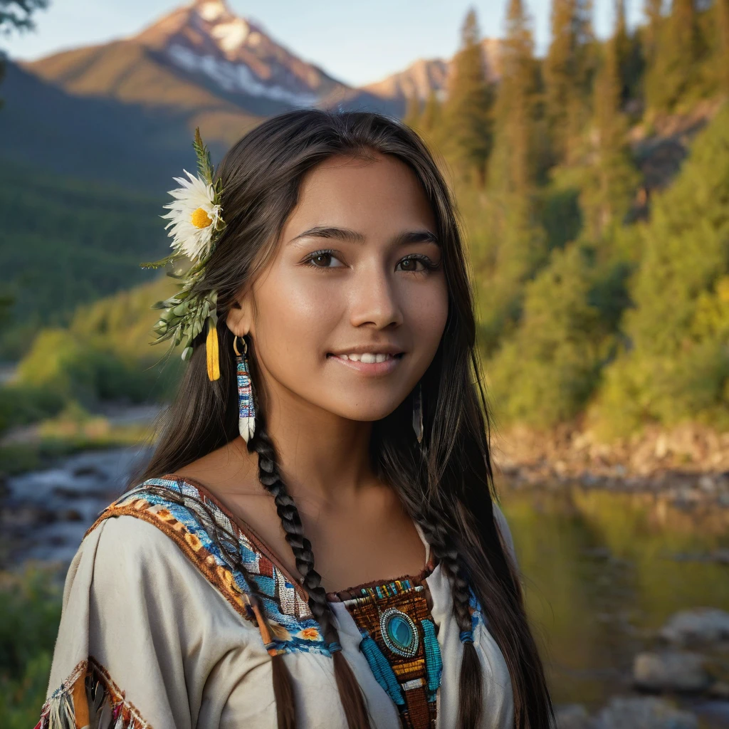 (grainy:0.5), cinematic, beautiful girl 25 year old with sexy clothing,native american,fantasy,(solo:1.3), detailed brown eyes, detailed face, detailed native American sexy clothing , volumetric lighting, dusk, extremely detailed background, standing next to forest, mountains, flowers, water fall, smiling, half closed eyes, tilted head, from side, sitting next to her wolf