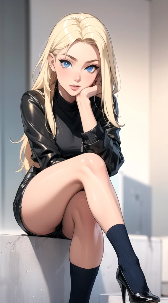 Skinny blonde girl, on leather shorts, black heels, and white socks, long blonde hair, (detailed face) blue eyes, sexy skinny girl. Posing