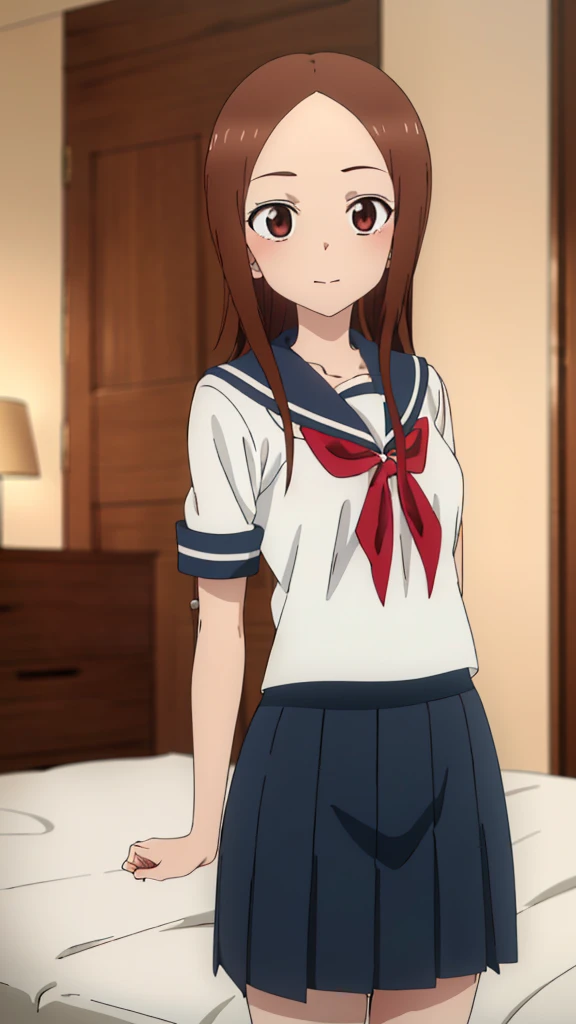 (masterpiece, 4K, Highest quality, anime style: 1.9, Detailed face, Lovely, Bold Line, High resolution, anime, alone, Curvaceous, Thighs,Cowboy Shot, 1 girl,((((Small breasts,,Short stature))))Long Hair,indoor,On the bed,((Sailor suit with red ribbon,skirt)),View your viewers