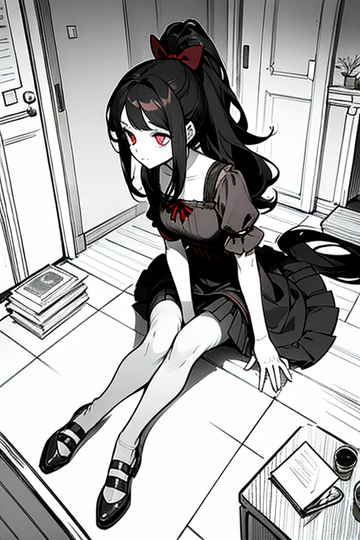 using pantimedies, wavy black hair, piercing look with deep red eyes, average stature, Silky hair with a ponytail hairstyle collected with a red bow with two white lines, with clothes, has a vagina, has breasts, cup of breasts, small breasts, slim, foreground, Session, sitting in her room, sitting on the floor of her room, wearing pantyhose, using pantimedies, Picardias, short skirt, shoes, blouse with straps