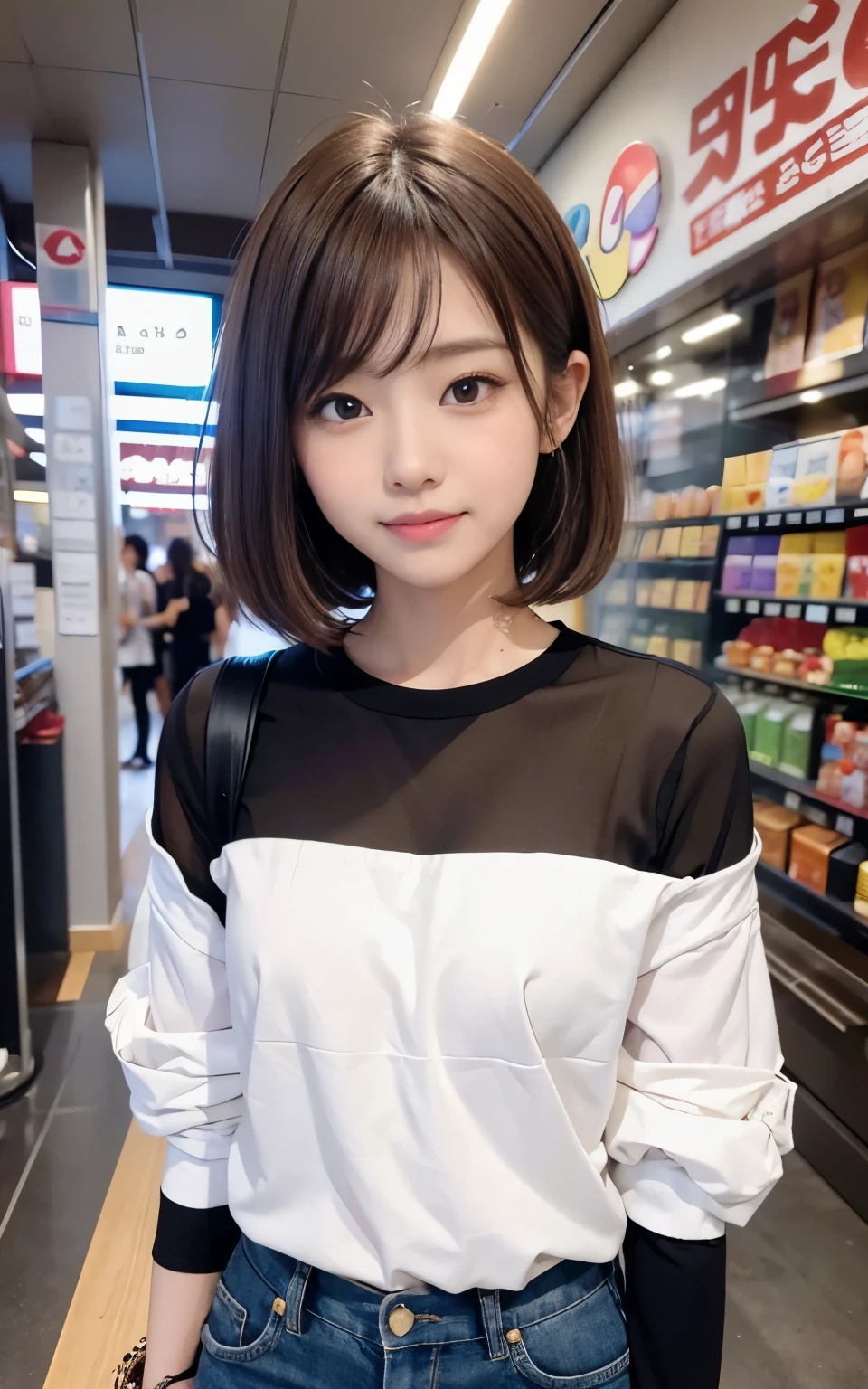 Cute 21 year old Japanese、shopping、Ultra-detailed facial features、Attention to detail、double eyelid、Beautiful and thin nose、Sharp Focus：1.2、beauty：1.4、（Light Brown Hair、Short Hair、）、Pure white skin、highest quality、masterpiece、超High resolution、（Photorealistic：1.4）、High resolution、Professional Lighting、nice smile、please show me your whole body、Casual pants、Colorful spring clothes、