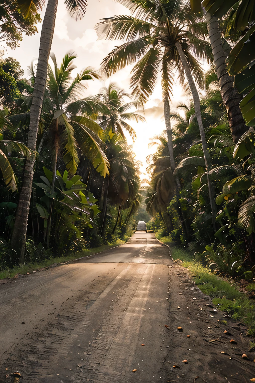 A dirt road with trees and bushes on both sides., coconut tree, HDR shot, in the tropical forest, Evening, coconut tree, road to the sea, James Gurney Palm Tree, Tropical atmosphere, palm coming from the ground, in the tropical forest, HDR, Heading into the sunset, Early morning, On the rainforest path
