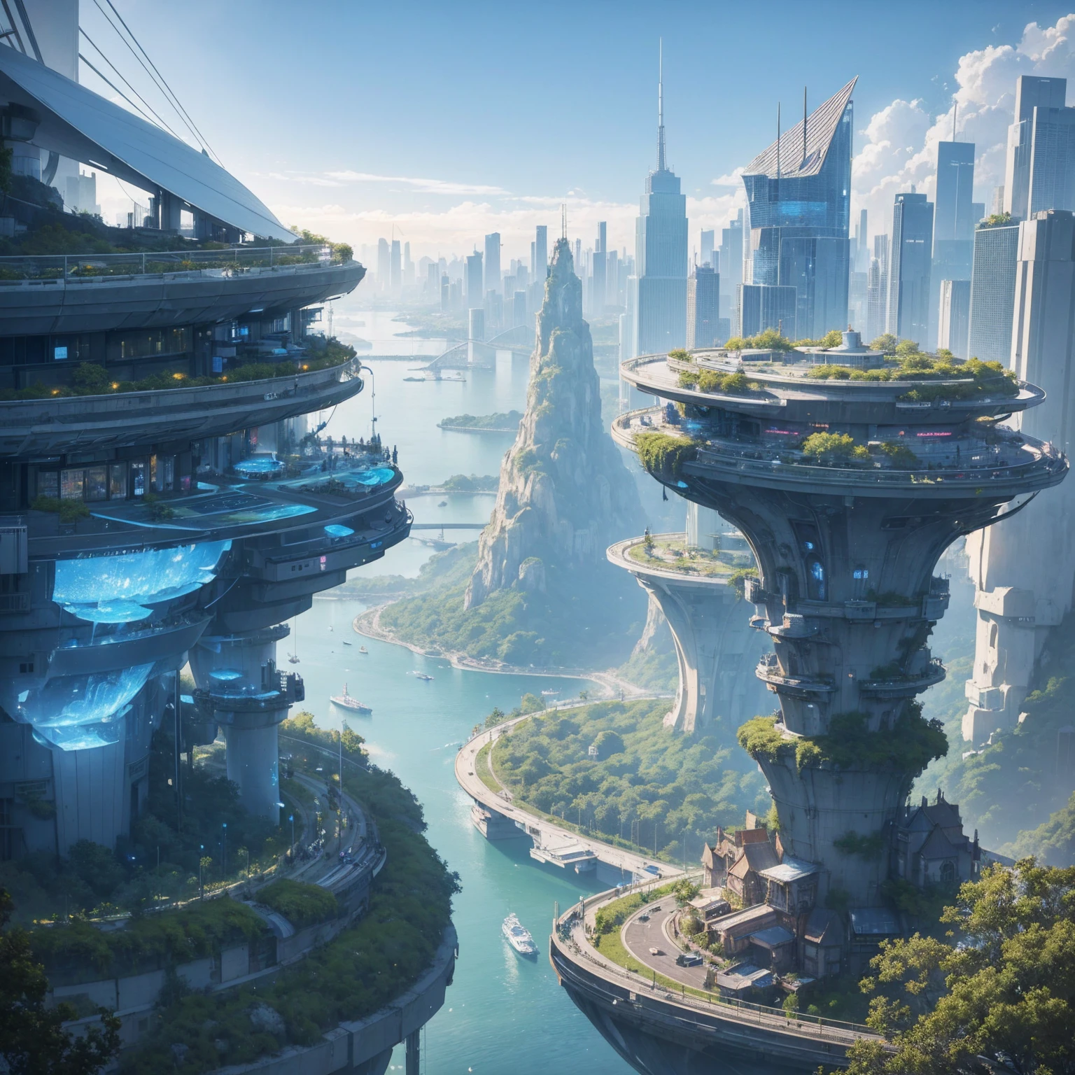 (Highest quality,4K,8k,High resolution,masterpiece:1.2),Very detailed,(Realistic,Realistic,Photorealistic:1.37),Futuristic floating city,Future Technology,Huge urban high-tech tablet platform,airship,Floating in the sky,Future City,小さなairshipが周囲に,High-tech hemispherical platform,Colorful lights,High-level architecture,Modern architecture,Skyscraper,Access the cloud,Beautiful views,City view,Impressive design,Seamlessly blending with nature,vibrant and lively atmosphere,Future Transportation Systems,No Parking,Transparent path,Lush greenery,Sky Garden,waterfall,Spectacular Skyline,Reflection on the surface of the water,Shining River,Architectural Innovation,Futuristic skyscrapers,Transparent Dome,The building has an unusual shape,Elevated walkway,Impressive Skyline,Glowing lights,Future Technology,minimalist design,Scenic spots,panoramic,tower that pierces the clouds,Vibrant colors,Spectacular sunrise,Spectacular sunset,Dazzling light display,Magical atmosphere,Future City,Urban Utopia,Luxury Lifestyle,Innovative Energy,Sustainable Development,Smart City Technology,Advanced Infrastructure,Quiet atmosphere,Nature and technology coexist in harmony,Great cityscape,Unprecedented urban planning,Architecture seamlessly connects with nature,High-tech city,A marvel of cutting-edge engineering,The future of urban living,A visionary architectural concept,Energy-efficient buildings,Harmony with the environment,A city floating above the clouds,Utopian dreams become reality,The possibilities are endless,Cutting-edge transportation network,Green Energy Integration,Innovative Materials,Impressive holographic display,Advanced Communication Systems,Breathtaking aerial views,Quiet and peaceful environment,Modernist aesthetics,Heavenly Beauty