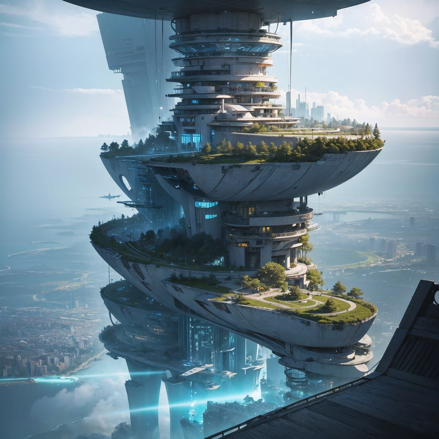 (Highest quality,4K,8k,High resolution,masterpiece:1.2),Very detailed,(Realistic,Realistic,Photorealistic:1.37),Futuristic floating city,Future Technology,Huge urban high-tech tablet platform,airship,Floating in the sky,Future City,小さなairshipが周囲に,High-tech hemispherical platform,Colorful lights,High-level architecture,Modern architecture,Skyscraper,Access the cloud,Beautiful views,City view,Impressive design,Seamlessly blending with nature,vibrant and lively atmosphere,Future Transportation Systems,No Parking,Transparent path,Lush greenery,Sky Garden,waterfall,Spectacular Skyline,Reflection on the surface of the water,Shining River,Architectural Innovation,Futuristic skyscrapers,Transparent Dome,The building has an unusual shape,Elevated walkway,Impressive Skyline,Glowing lights,Future Technology,minimalist design,Scenic spots,panoramic,tower that pierces the clouds,Vibrant colors,Spectacular sunrise,Spectacular sunset,Dazzling light display,Magical atmosphere,Future City,Urban Utopia,Luxury Lifestyle,Innovative Energy,Sustainable Development,Smart City Technology,Advanced Infrastructure,Quiet atmosphere,Nature and technology coexist in harmony,Great cityscape,Unprecedented urban planning,Architecture seamlessly connects with nature,High-tech city,A marvel of cutting-edge engineering,The future of urban living,A visionary architectural concept,Energy-efficient buildings,Harmony with the environment,A city floating above the clouds,Utopian dreams become reality,The possibilities are endless,Cutting-edge transportation network,Green Energy Integration,Innovative Materials,Impressive holographic display,Advanced Communication Systems,Breathtaking aerial views,Quiet and peaceful environment,Modernist aesthetics,Heavenly Beauty