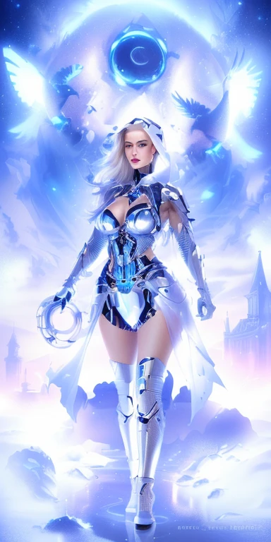 Ultra realistic,professional portrait of a woman with a silver make up and a veil, futuristic look, white cyborg fashion shot, fashionable futuristic woman, wearing futuristic, cyborg fashion model, futuristic style, futuristic fashion, sci - fi look, cyborg fashion shot, beutiful white girl cyborg, cyborg - girl with silver hair, futuristic and ethereal, very futuristic,highly detailed face, detailed face, perfect proportions, well-proportioned body of six heads, huge breasts, thin waist, navel, big butt , crotch gap, large thighs, full.body