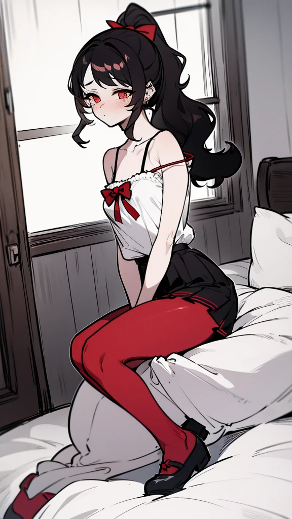 using pantimedies, wavy black hair, piercing look with deep red eyes, average stature, Silky hair with a ponytail hairstyle collected with a red bow with two white lines, with clothes, has a vagina, has breasts, cup of breasts, small breasts, slim, foreground, Session, sitting in her room, sitting on the floor of her room, wearing pantyhose, using pantimedies, Picardias, short skirt, shoes, blouse with straps, blush, opening her legs making her panties visible, open legs, perfect white panty, Skirt fluttering in the wind