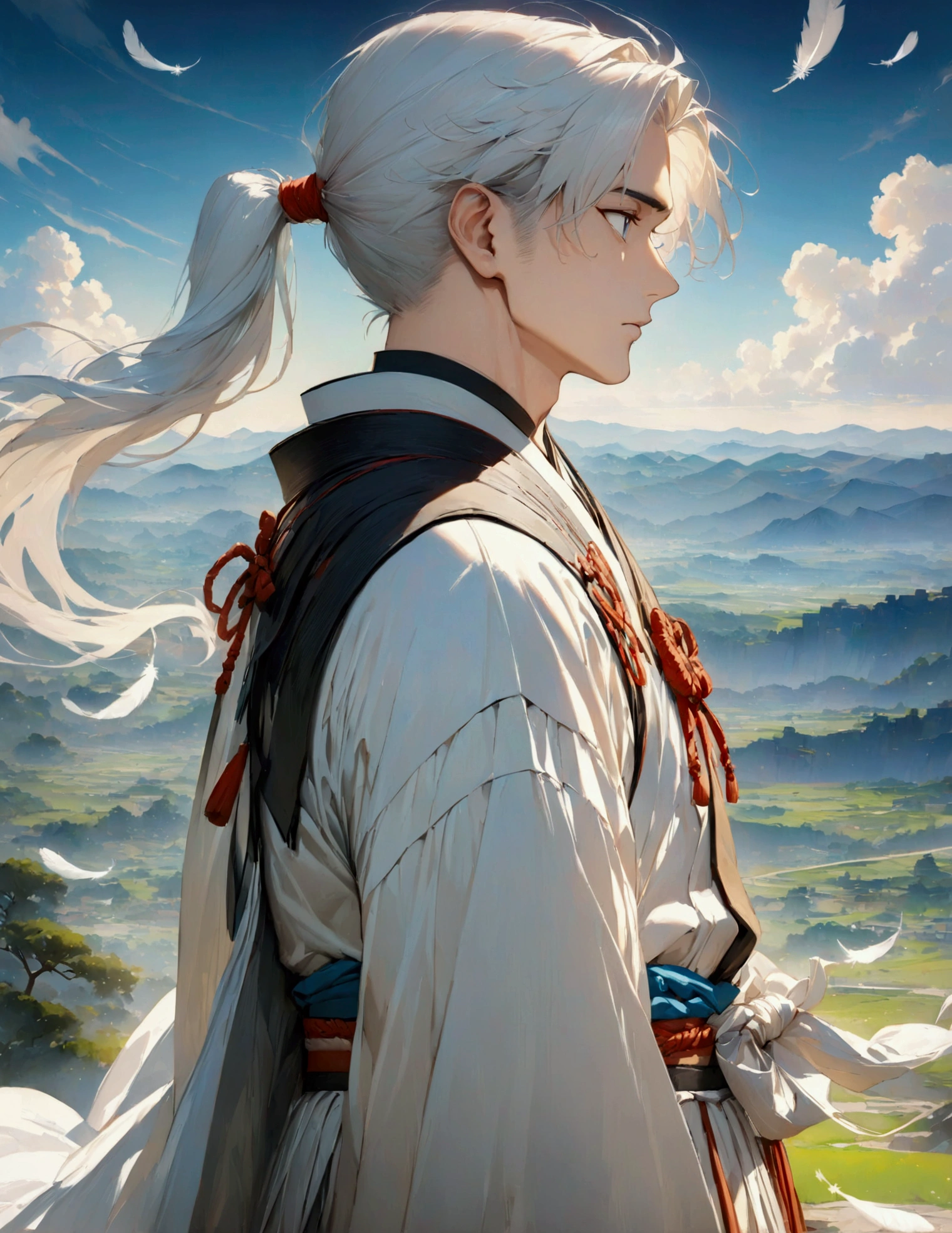 (masterpiece:1.3),(最high quality:1.4),(Very detailedな:1.5),High resolution,Very detailed,8k,artwork,High level of detail,rendering,high quality,Wide range of colors,A fantastical white space where countless white feathers fall,Vivid light,((One Anime Guy))、(profile,Landscape),Cool handsome guy,Swordsman、(White Hair)、Long hair that reaches down to the waist is tied in a single ponytail、White Hakama、白いSwordsmanの服装、((samurai)),There's a sword on his waist、Looking up with a blank look。
