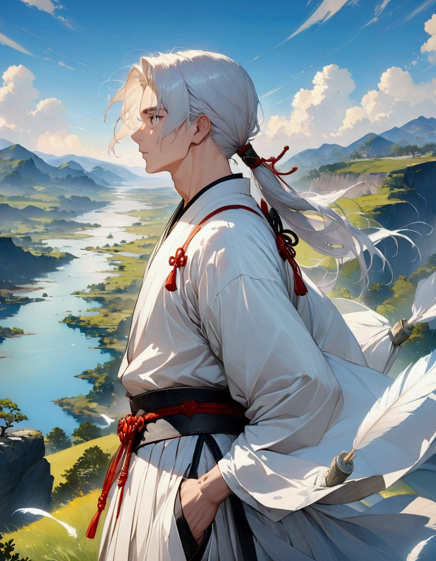 (masterpiece:1.3),(最high quality:1.4),(Very detailedな:1.5),High resolution,Very detailed,8k,artwork,High level of detail,rendering,high quality,Wide range of colors,A fantastical white space where countless white feathers fall,Vivid light,((One Anime Guy))、(profile,Landscape),Cool handsome guy,Swordsman、(White Hair)、Long hair that reaches down to the waist is tied in a single ponytail、White Hakama、白いSwordsmanの服装、((samurai)),There's a sword on his waist、Looking up with a blank look。