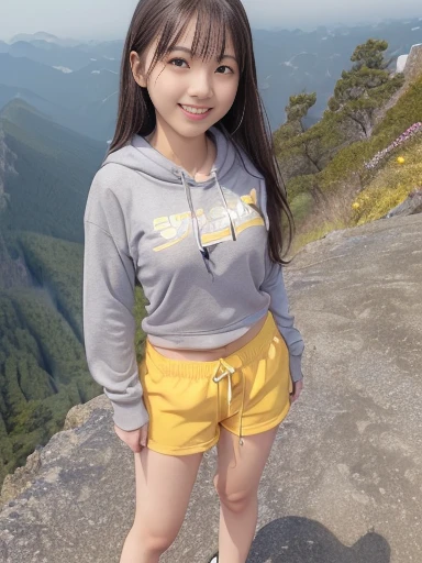 Japanese female, (underweight), (flat chest best quality:1.5), (cheerful grin:1.5),
(gray hoodie), (yellow shorts), ((woman standing on top of a mountain:1.4)),(((extreme long shot:1.4))), 