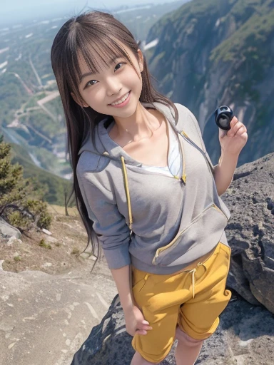 Japanese female, (underweight), (flat chest best quality:1.5), (cheerful grin:1.5),
(gray hoodie), (yellow shorts), ((woman standing on top of a mountain:1.4)),(((extreme long shot:1.4))),