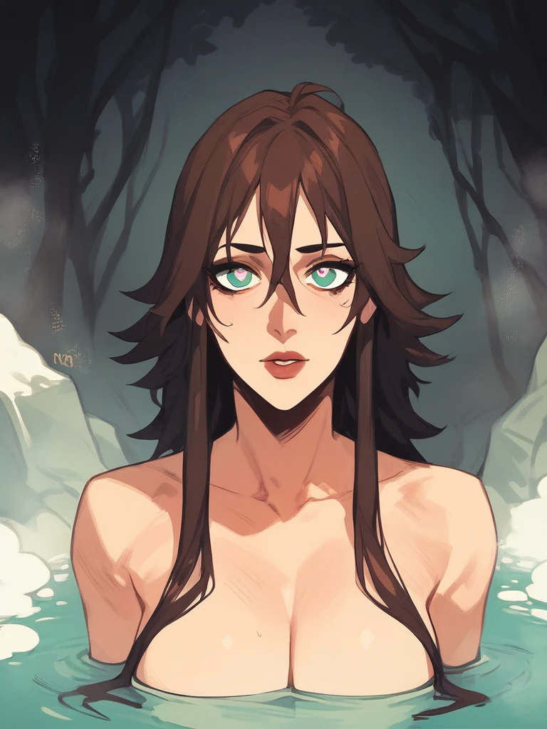 punctuation_8_High above,
[ibuki satsuki:with father],  standing alone, mature woman, cute, light skinned woman, hair between the eyes, Leprechaun, hot springs, Outdoor bath, vapour, really short hair, teal eyes, mascara, dark brown hair, lips, the night, side locks, long locks heart1shape-eye, [:heart shaped eyes:0.4],
 