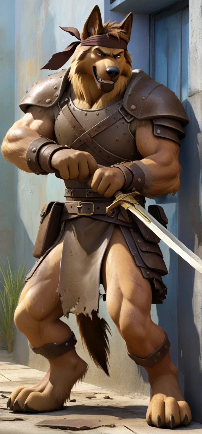 Solo Sexy anthro furry german shepherd male; ancient Mediterranean desert warrior; slim mesomorph handsome model apperance; boy's messy short hair headband; sexy toned muscules; sword scars; worn out brown studded leather rusty sexy skimpy armament. He has low on hips heavy leather studded heavy belt. he has very old worn out btosn leather bulgy tigh jockstrap (smelly jockstrap fetish); His brown jockstrap it is made of old worn out matte brown volour leather studded and sewn together from a few pieces, it has never been washed, it is dirty and has stains from secretions of dried semen and sweat; His armor is old heavy brown harness with armlets studded with spikes; rusty btonze-age old skimpy breatsplate armor, he has old brown leather BFR Bands on Biceps and his thighs, he has old worn out fingerless leather gloves. His armor is in ruin, it is very very old and dirty, rusted, dirty, old worn out, rusty breastplate. Even though he is a handsome and sexy man, he has a sloppy appearance, has disheveled unwashed dirty fur, dirty body look. he smells, he has stains from old blood, dirt, semen, mud, smelly furr, disgusting bastard looking. Mediterranean sunny pine seacoastline pine forest; he has a proud, threatening and defiant expression on his face, with little dirty dangerous smile; He stands proudly bravely in an upright attacking position, he holds a rised up sword in his right paw, ready for incoming fight; he has very old worn out btosn leather bulgy tigh jockstrap (smelly jockstrap fetish); His brown jockstrap it is made of old worn out matte brown volour leather studded and sewn together from a few pieces, it has never been washed, it is dirty and has stains from secretions of dried semen and sweat; Full body full character view,
dynamic fighting pose visible from the side