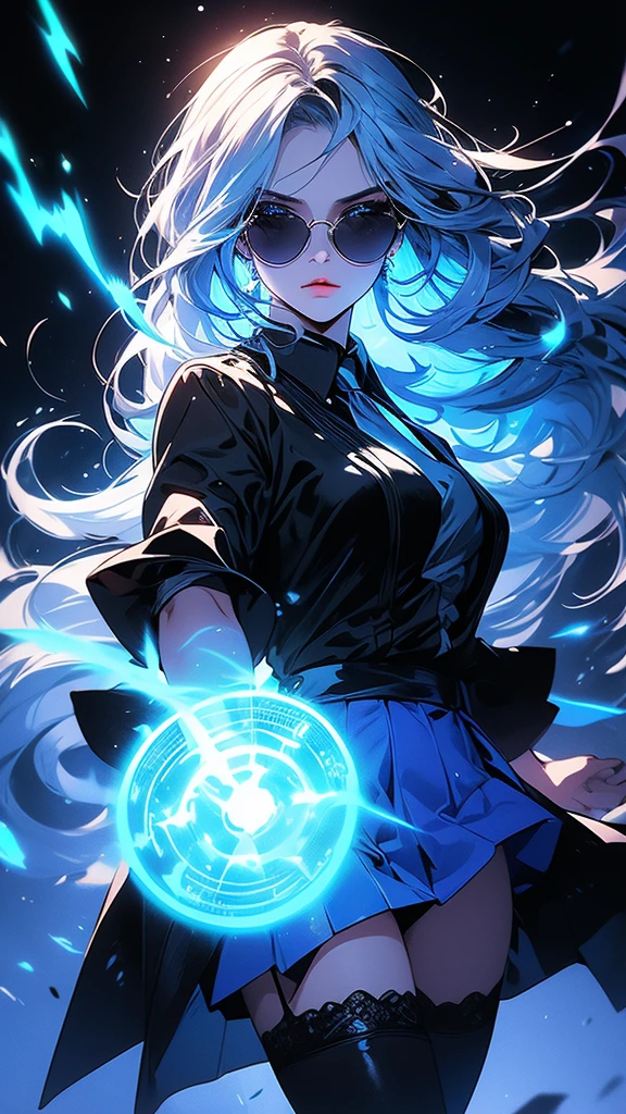 Hyperrealistic characters, neon outline effect, neon paint shading effect, bright colors, magical special effects, digital watercolor effect, air flow visualization effect. girl, black shirt, white tie, translucent round sunglasses, gothic soft makeup, long silky hair, beautiful blue eyes, black mini skirt, stockings, posing, fighting pose, casting a spell, reading a spell