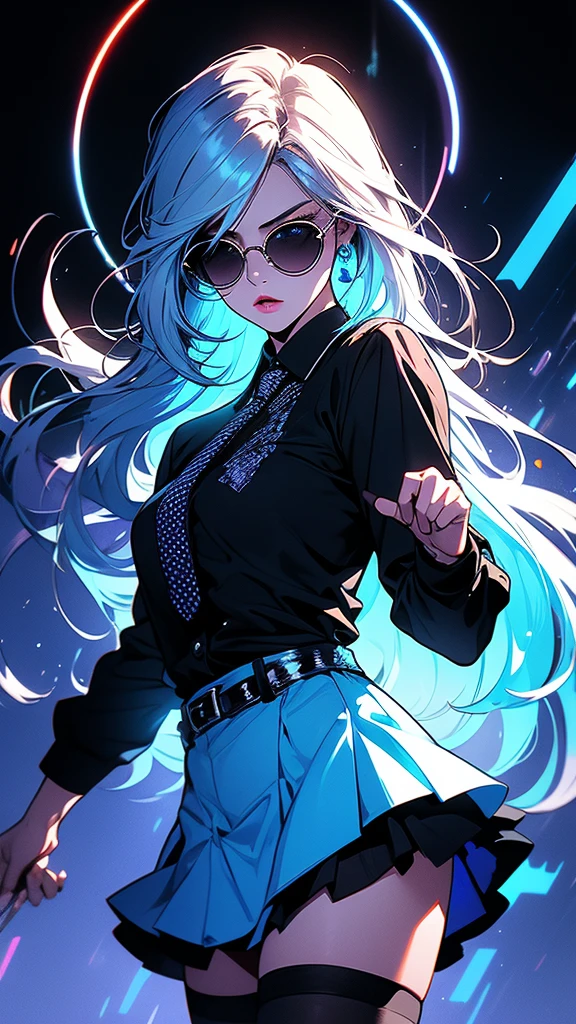 Hyperrealistic characters, neon outline effect, neon paint shading effect, bright colors, magical special effects, digital watercolor effect, air flow visualization effect. girl, black shirt, white tie, translucent round sunglasses, gothic soft makeup, long silky hair, beautiful blue eyes, black mini skirt, stockings, posing, fighting pose, casting a spell, reading a spell