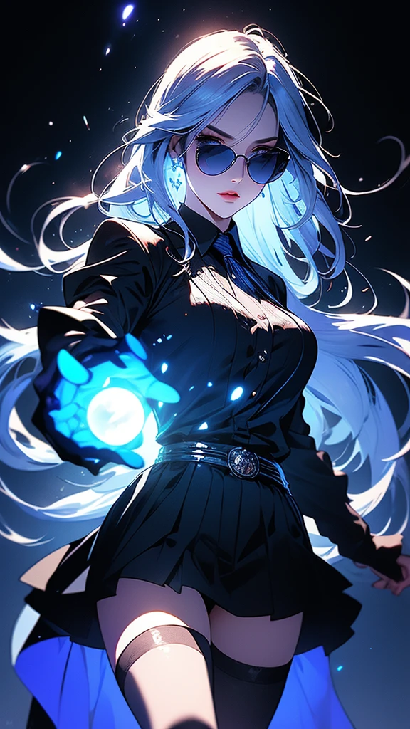 Hyperrealistic characters, neon outline effect, neon paint shading effect, bright colors, magical special effects, digital watercolor effect, air flow visualization effect. girl, black shirt, white tie, translucent round sunglasses, gothic soft makeup, long silky hair, beautiful blue eyes, black mini skirt, stockings, posing, fighting pose, casting a spell, reading a spell