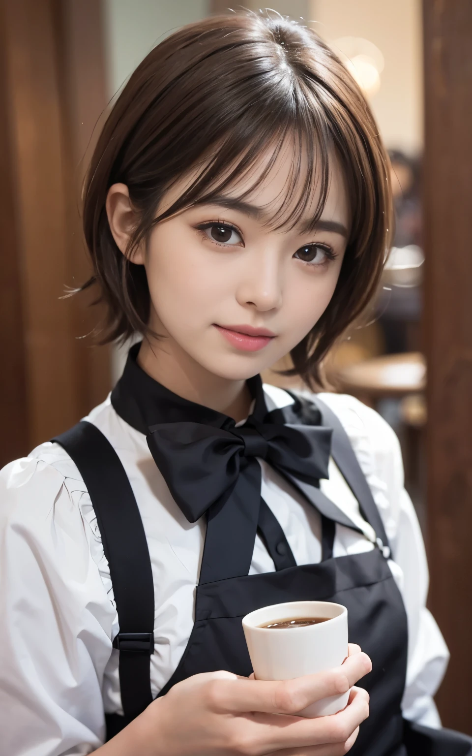 Cute 21 year old Japanese、apron、Black bow tie、Waiter、Cafe、Super detailed face、Attention to detail、double eyelid、Beautiful thin nose、Sharp focus:1.2、Beauty:1.4、(Light Brown Hair、short hair、)、Pure white skin、highest quality、masterpiece、Ultra-high resolution、(Photorealistic:1.4)、Highly detailed and professional lighting、nice smile、Carrying coffee、Please show me your whole body、
