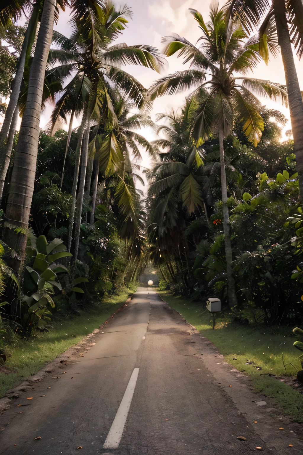 A dirt road with trees and bushes on both sides., Photo by Richard Carline., Flicker, Sumatran religion, coconut tree, HDR shot, in the tropical forest, Evening, coconut tree, road to the sea, James Gurney Palm Tree, Tropical atmosphere, palm coming from the ground, in the tropical forest, HDR