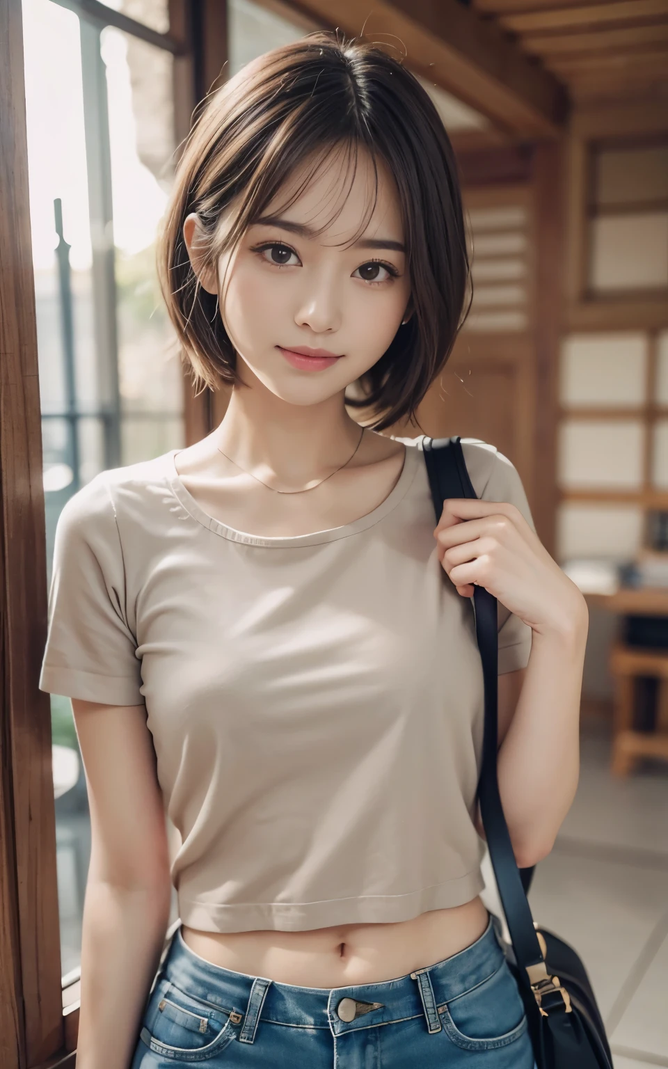Cute 21 year old Japanese、University、School、campus、Ultra-detailed facial features、Attention to detail、double eyelid、Beautiful thin nose、Sharp Focus:1.2、Beauty:1.4、(Light brown hair、short hair、)、Pure White Skin、highest quality、masterpiece、Ultra-high resolution、(Photorealistic:1.4)、High-definition, professional lighting、nice smile、Please show me your whole body、Casual pants、Spring Clothes、