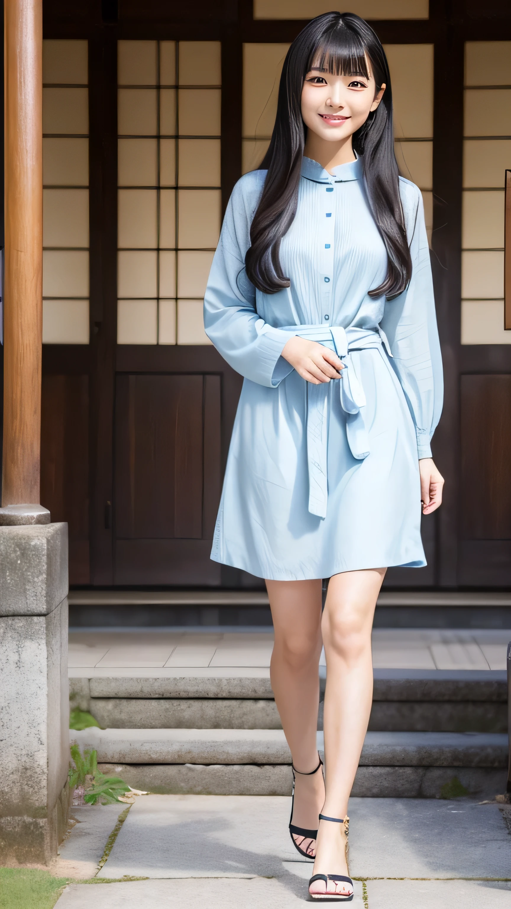 Create an ultra-realistic image of a 21-year-old Japanese woman named Kotone visiting Zuihoden Mausoleum. She has extremely long, perfectly straight black hair that flows down to her waist, with blunt bangs that cover her forehead. Her eyes are large, enchanting, and have double eyelids with sparkling black pupils, giving them a captivating and youthful appearance. Her face is delicate and innocent, with very thin eyebrows that frame her large, childlike eyes. Kotone's skin is smooth and flawless, resembling snow in its pure white color. She has a slender and well-proportioned body with a shapely bust size of 95 cm, a height of 158 cm, a weight of 43 kg, an ideal waist size of 58.46 cm, and an ideal hip size of 86.73 cm. Her complexion is flawless, without any wrinkles, and her natural makeup enhances her features subtly, maintaining a fresh and youthful look. She embodies a perfect balance of youthful charm and mature elegance, with a cute and innocent smile that adds warmth and affection to her appearance.

Kotone should be depicted at the entrance of Zuihoden, the mausoleum of Date Masamune. The ornate and colorful architecture should be highlighted in the background. She is wearing a respectful and modest outfit, appropriate for visiting a historic site.
