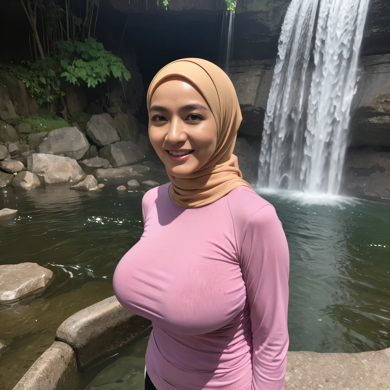 ((46 years old, Indonesian Mature woman, mature age woman, Hijab, Wearing Tight Thin Long-Sleeve T-shirt, Wet Clothes :1.2))), ((Natural Gigantic Breast : 1.4)), casual Pose, Smiling face, Professional Photoghraphy, work By Master Of Photoghraphy, (((At Waterfall))), (((Having Bath))), Deep photo, Full body shot, 32K Best Quality photo, Ultra-high reallistic Photos.