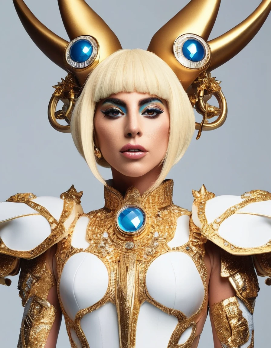 lady gaga dressed in the hyper extravagant DIGIMON CHARACTER Shutumon costume, glamourous , , goddess, melhor qualidade realisitic, realisitic, award-winning illustration, (Highly detailed texture of face and skin), (all-body), (Complicated Detail: 1.2), (fine-details), (Complicated Detail), (Cinematic Lights, better quality backlight), Sharp lines, sharp focus, offcial art, unity wallpaper 8k, absurdrez, unbelievably absurd, huge filesize, -, Fantasyart, RTX,((close-up photo of the award-winning studio)), , (escape), , perfect hands, beautiful detailed eyes, face perfect