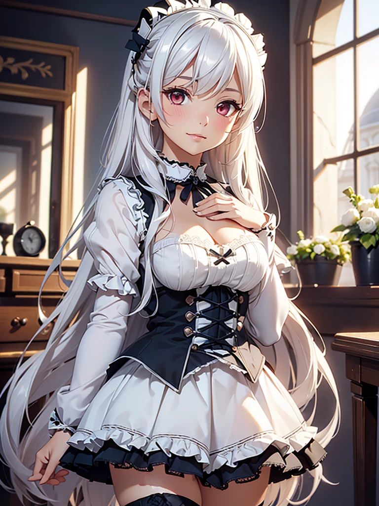 ((Tabletop)), high quality,(Focus on people:1.3),( Realistic:1.3),Very detailed, Silver Hair, (White clothes: 1.2),(Gothic Lolita:1.3), A kind and sensitive girl, Hmph, (Lolita:1.5), Delicate facial features, Glossy lips,Perfect figure,  Bright bright colors, Romantic long hair, Natural light,Red eyes, Gorgeous hair ornament,(Fluffy mini skirt:1.4),Cleavage,Wide open chest,I can see your thighs,(exposure of skin:1.4),Closed mouth smile,
