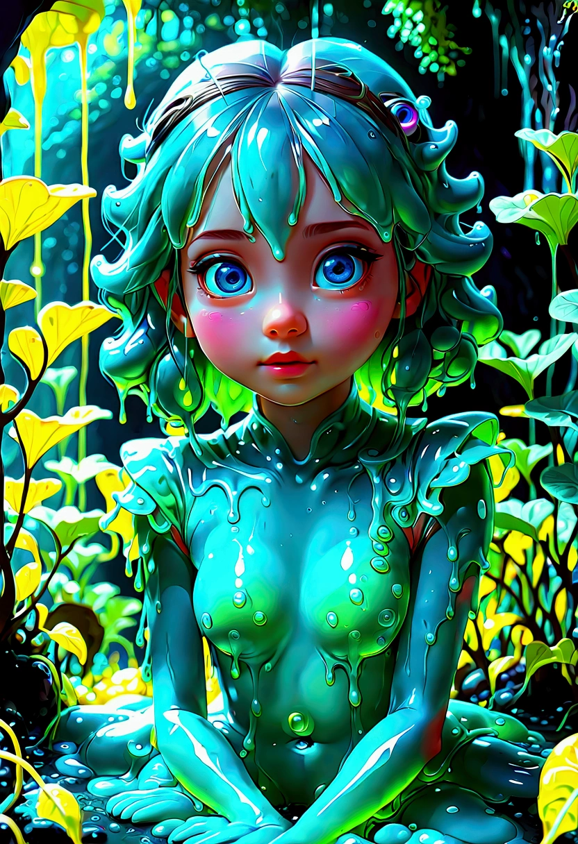 A slime creature, detailed slimy texture, gooey and viscous appearance, cute eyes, bright neon colors, fluorescent glowing, surreal fantasy landscape, colorful alien environment, glowing mushrooms, bioluminescent plants, cinematic lighting, detailed 3D render, vibrant colors, high detail, masterpiece, best quality, very aesthetic, absurdres