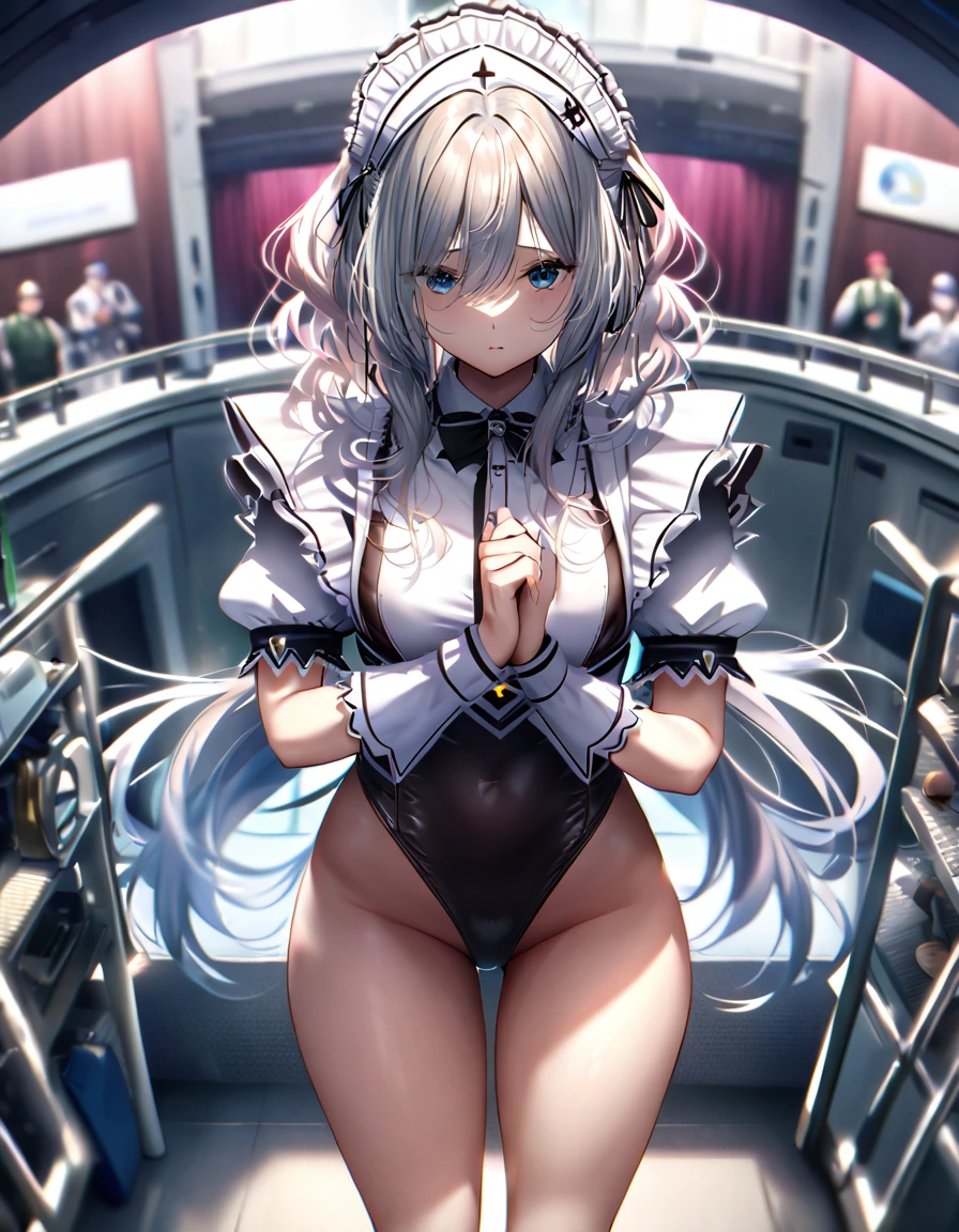 12k, masterpiece, best quality, very aesthetic, absurdres, anime artwork, anime style, key visual, vibrant, studio anime, highly detailed highly detailed, volumetric, dramatic lighting,(Maid leotard details:2.0),(1 girl:1.2),,Long Hair:1.5, (Short sleeve, Thighs,Maid Cufflinks),,(High heel lace-up boots:1.4), (Without skirt:3.0),Dark aura,Leotrad,,Audience Recruitment,(at a research facility:1.2),(whole body:1.4),looking at viewer, standing