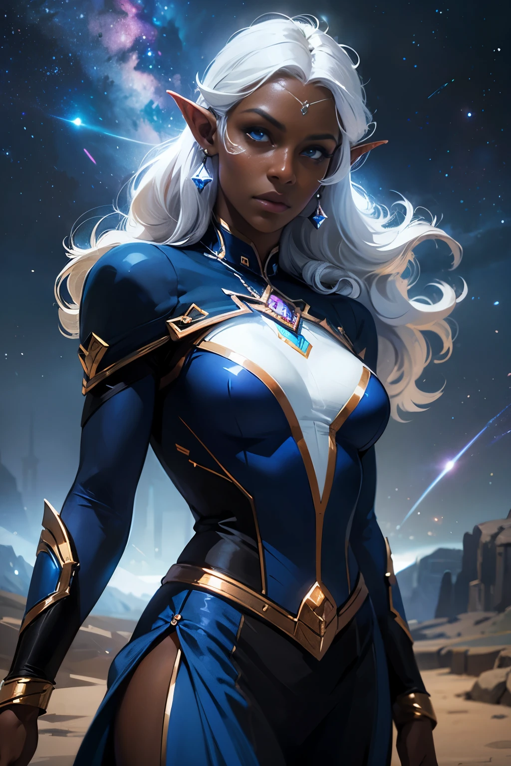 allura, blue eyes, white hair, pointed ears, dark skin, dark-skinned woman, mark on the face, elf, dark elf, jewelry, earrings, loose hair, outdoors, space, starry sky, expressive breasts, galaxies, looks at the viewer, cowboy shot, solo, dutch angle,