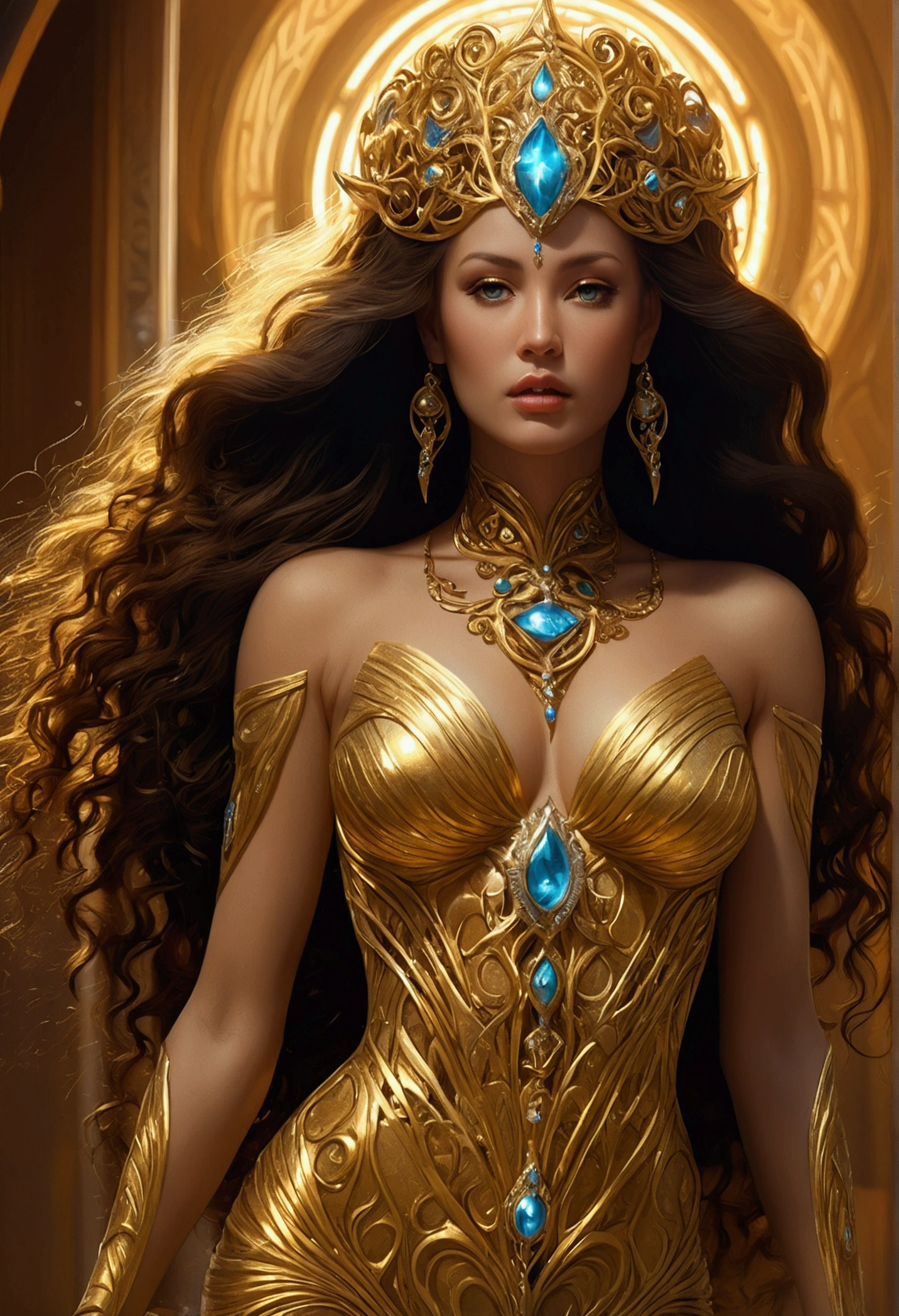 (Cinematic beautiful glamorous woman sand goddess, Golden Dress, Tattoo Gem Dourada do Brilo), (Galactic Shaman with Quantum Energy Fantasy), Magical Girl, Long Hair, Noite Escra Clara, Complex, Mysterious, Sharp focus, figure, Very detailed, Digital Paint, Conceptual Art, Matte, (アート by WLOP), (director: Justin Gerard and Jason Edmiston: 1.5), (director: Greg Rutkowski: 0.4), (director: Alphonse Mucha: 0.4), Master Parts