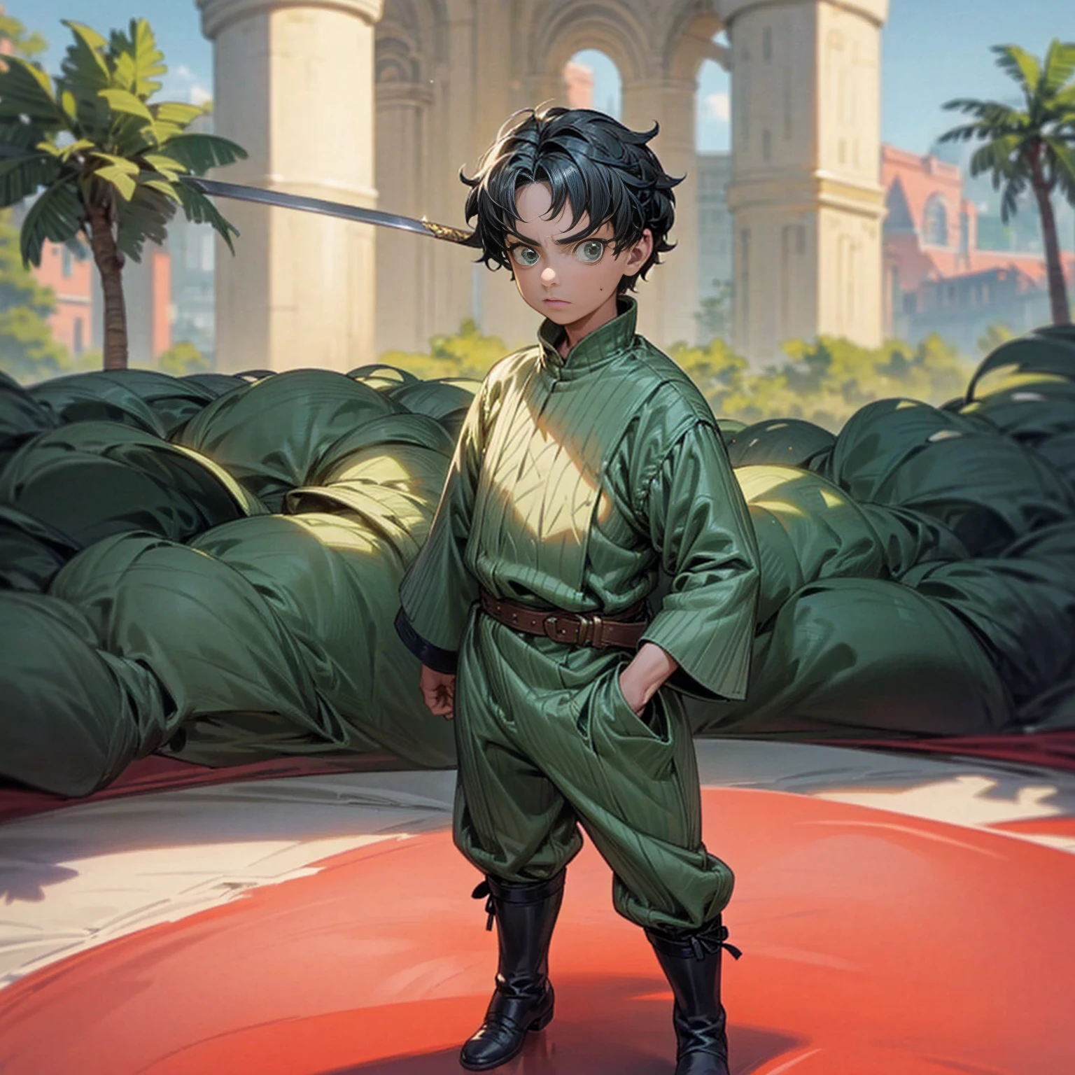 Solo character, full body version, baby ??? boy, Big fat body, very tall 100 feet high, very big palms, black color hair, green eyes, short curly hairstyle, gladiator outfits, helm Vikings, boots, backgroun in outdoor Castle, standing gesture, sword in hand, (one piece style art)