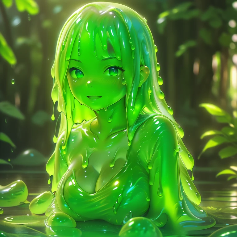 (hight resolution,masutepiece:1.2),Ultra-detailed,(Realistic:1.37),Portrait,Slime Girl,covered in green slime, (partially transparent), (Wet with water), (green sweat), slimy green liquid dripping from her body. Her hair is also covered in green slime. green slime scatters, Green hair, green eyes