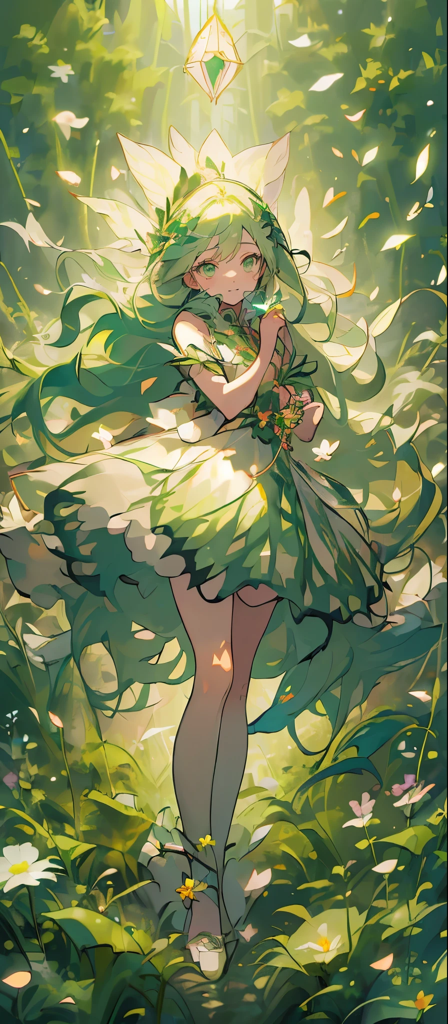 (Mastepiece), (Best Quality), Very detailed, 1 girl, (Solo full body shot:1.4), Perfect Face, beautiful girl, Very detailedな顔,(Green hair long hair:1.5),(Green Eyes:1.4),(Lots of butterflies々:1.2)、(forest、Flower Field:1.4)、(Lots of petals:1.3)、(gem:1.3)、(smile:1.3)、Fairy、mysterious、Fantasy、beautiful、beautiful