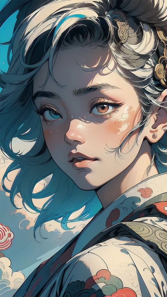 (((masterpiece, highest quality))),,(((solo:1.2))),(((1girl:1.2))),32k wallpaper, very detailed, poster, vintage science fiction,(((((portfolio))))),(((((Close-up))))),(((((bust up))))),((((more various angle)))),((((highlight)))),((((heterochromia)))),(((complete. detailed face))),(((detailed unlimited complete equipment : rail gun))),(((((Absolutely Realistic Clouds background))))),(((Texture for people : halftone))),((Open your mouth wide)),(((((Wind God and Thunder God))))),(((Ukiyo-e)))