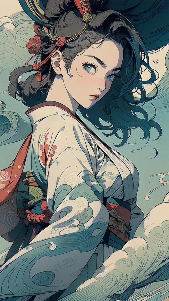 (((masterpiece, highest quality))),,(((solo:1.2))),(((1girl:1.2))),32k wallpaper, very detailed, poster, vintage science fiction,(((((portfolio))))),(((((Close-up))))),(((((bust up))))),((((more various angle)))),((((highlight)))),((((heterochromia)))),(((complete. detailed face))),(((detailed unlimited complete equipment : rail gun))),(((((Absolutely Realistic Clouds background))))),(((Texture for people : halftone))),((Open your mouth wide)),(((((Wind God and Thunder God))))),(((Ukiyo-e)))