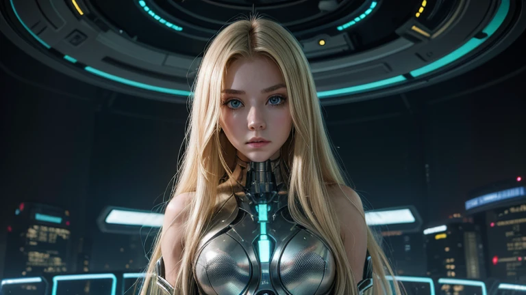 AN ADVANCED CYBERNETIC CITY AT THE CENTER OF THE UNIVERSE.
WHERE A FUTURISTIC YOUNG HUMANOID WOMAN IS FOUND.
SHE IS CHARACTERISTICS.@MICAELA BLONDE. LONG HAIR, GREEN EYES, BUT CYBERNETIC.
16.9