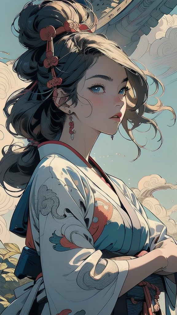 (((masterpiece, highest quality))),,(((solo:1.2))),(((1girl:1.2))),32k wallpaper, very detailed, poster, vintage science fiction,(((((portfolio))))),(((((Close-up))))),(((((bust up))))),((((more various angle)))),((((highlight)))),((((heterochromia)))),(((complete. detailed face))),(((detailed unlimited complete equipment : rail gun))),(((((Absolutely Realistic Clouds background))))),(((Texture for people : halftone))),((Open your mouth wide)),(((((Wind God and Thunder God))))),(((Ukiyo-e)))
