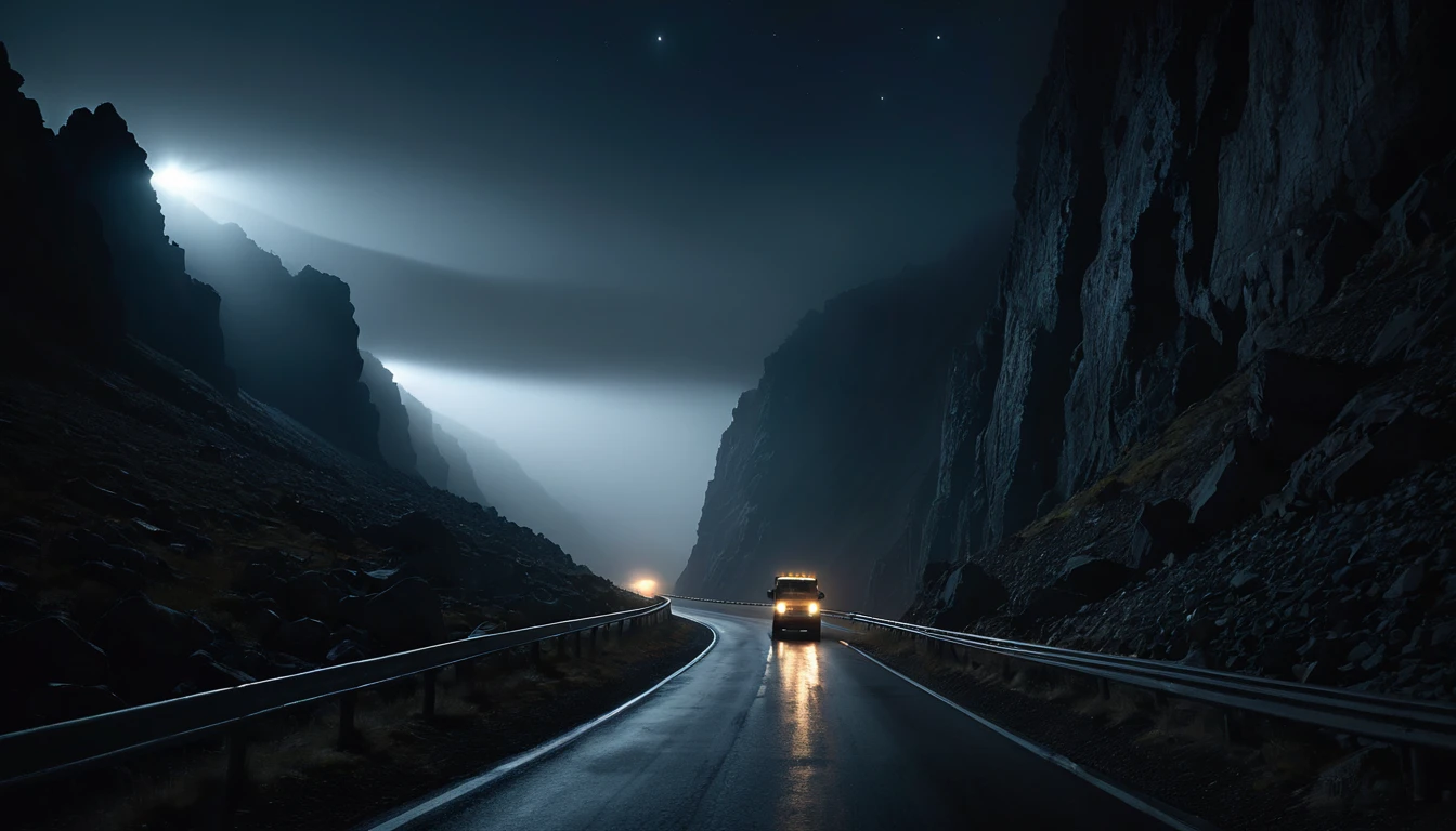 009: Create a hyper-realistic image of a black truck driving along a narrow mountain pass at night, with steep cliffs on one side and a deep abyss on the other. The truck's headlights are barely piercing through the thick fog that covers the road, revealing jagged rocks and eerie, unnatural formations along the way. The abyss seems to have no bottom, and strange, ghostly lights can be seen flickering in the distance below. The atmosphere is tense and filled with the fear of what lies beyond the edge. The image should be in a 16:9 format, with intense contrasts and ominous lighting.