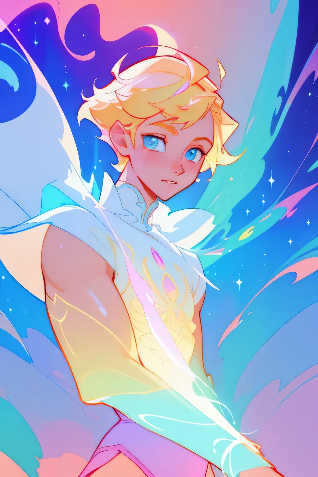 beautiful boy, prince, prince’s outfit, boy, male, blonde buzz cut hair, white tuxedo with long cape, vibrant pastel colors, vibrant pastel colors, flowing white cape(colorful), magical lights, short blonde buzz cut, inspired by Glen Keane, inspired by Lois van Baarle, disney art style, by Lois van Baarle, glowing aura around him, by Glen Keane, jen bartel, glowing lights! digital painting, glowing hair, glowing hair, beautiful digital illustration, fantasia background, whimsical, magical, fantasy, beautiful face, ((masterpiece, best quality)), intricate details, highly detailed, sharp focus, 8k resolution, sparkling detailed eyes, liquid watercolor