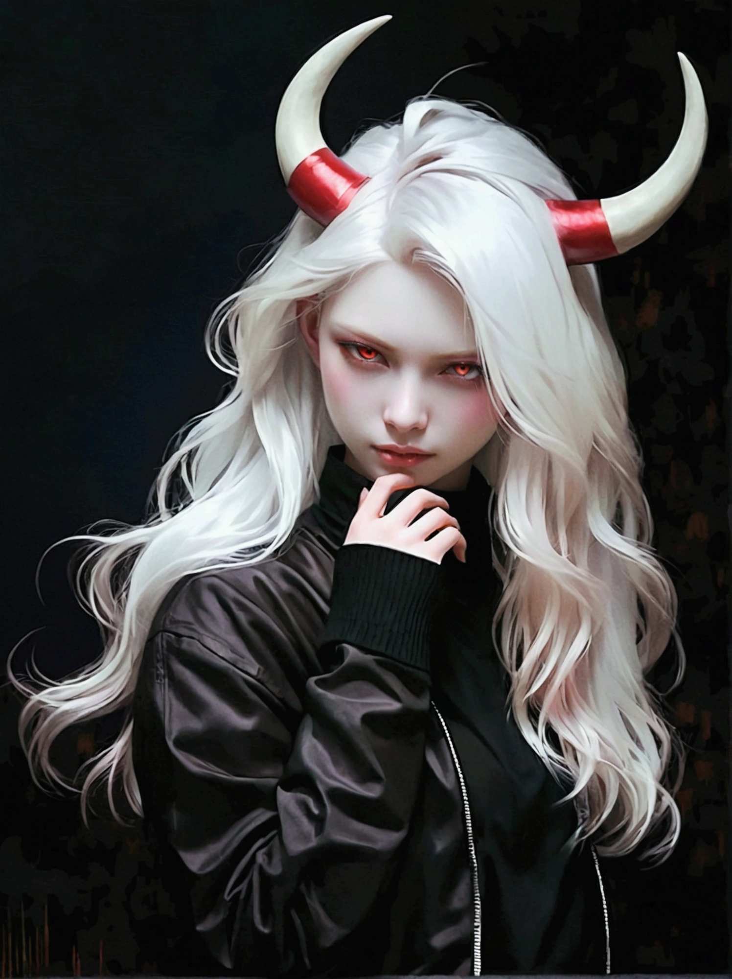 3d anime model, anime demon girl with red horns and long white hair, pale white skin and bright red eyes