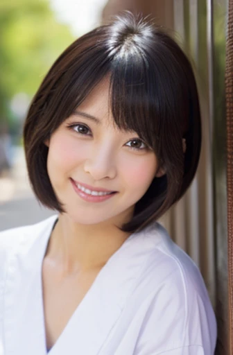 Japanese Dignity々Mature woman、Closed mouth smile、Very short hair、slender、Long eyelashes、Full body angle、Natural skin texture