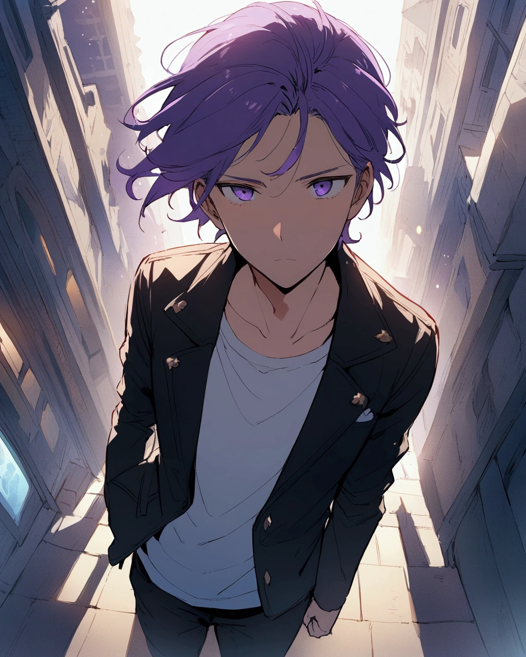A anime style illustration of a young boy masterpiece、Adults、29yo、twinks、Forehead、30-years old、Two-tone black and purple hair、Black jacket、Black pants、white t-shirts、Give bangs、Sticking out your forehead、twinks、Eyes drawn in detail、a handsome、Inside the city、starrysky、Mystical light、Dramatic light、Cinematic power、