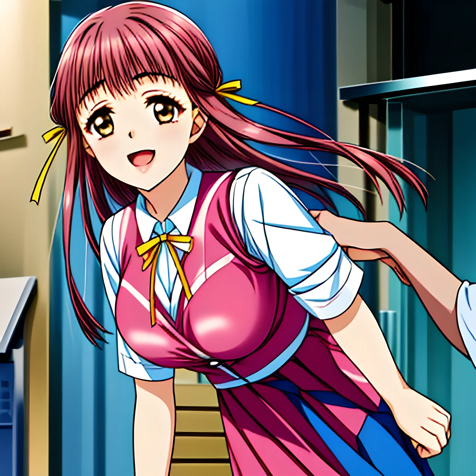 (highest quality, masterpiece:1.2), highest quality, High resolution, 1080P, 8k, (Very beautiful and delicately drawn high-resolution anime CG), (A beautiful yo girl anime heroine, A very neat, very noble, pretty, pure), Glossy lips, Evenly cut bangs, (beautiful blue eyes with detailed: 1.2), (Very beautiful and very long flowing pink hair: 1.2), (Noble blue school vest uniform, blue pleated noble skirt, white blouse: 1.6), (Big yellow cute wide ribbon on her chest), (Yellow hair ribbon clip: 1.0), (Giggling: 1.0), (Mouth is laughing and wide open as a game heroine: 1.0), (A beautiful body like a model), (Walking with a school bag, turning around), (long cute eyelashes: 1.4), ((thin droopy eyebrows: 1.4)), (giggling and calling me to invite me to her extreme happiness with her mouth widely open!: 1.6), (showing the tongue: 1.6), (laughing shy cheeks and lips, as if watching a comedy: 1.5), ((Very super long wavy hair is too much beautiful: 1.0)), (Navy gorgeous Japanese school blazer with noble golden emblem: 1.2), (Gorgeous dark blue tartan check blue pattern pleated skirt with beautiful white fat calves and knees: 1.4), (Gorgeous plain red gloss chest ribbon: 1.0), (Well-shaped ample fat breasts), (Tilting her head shyly), (Too beautiful women to stop falling into her, makes me crazy: 1.6), (She is in fact succubi and calling me with strong religious temptation, drops me into craziness: 1.2), (showing her palm to invite me: 1.2)