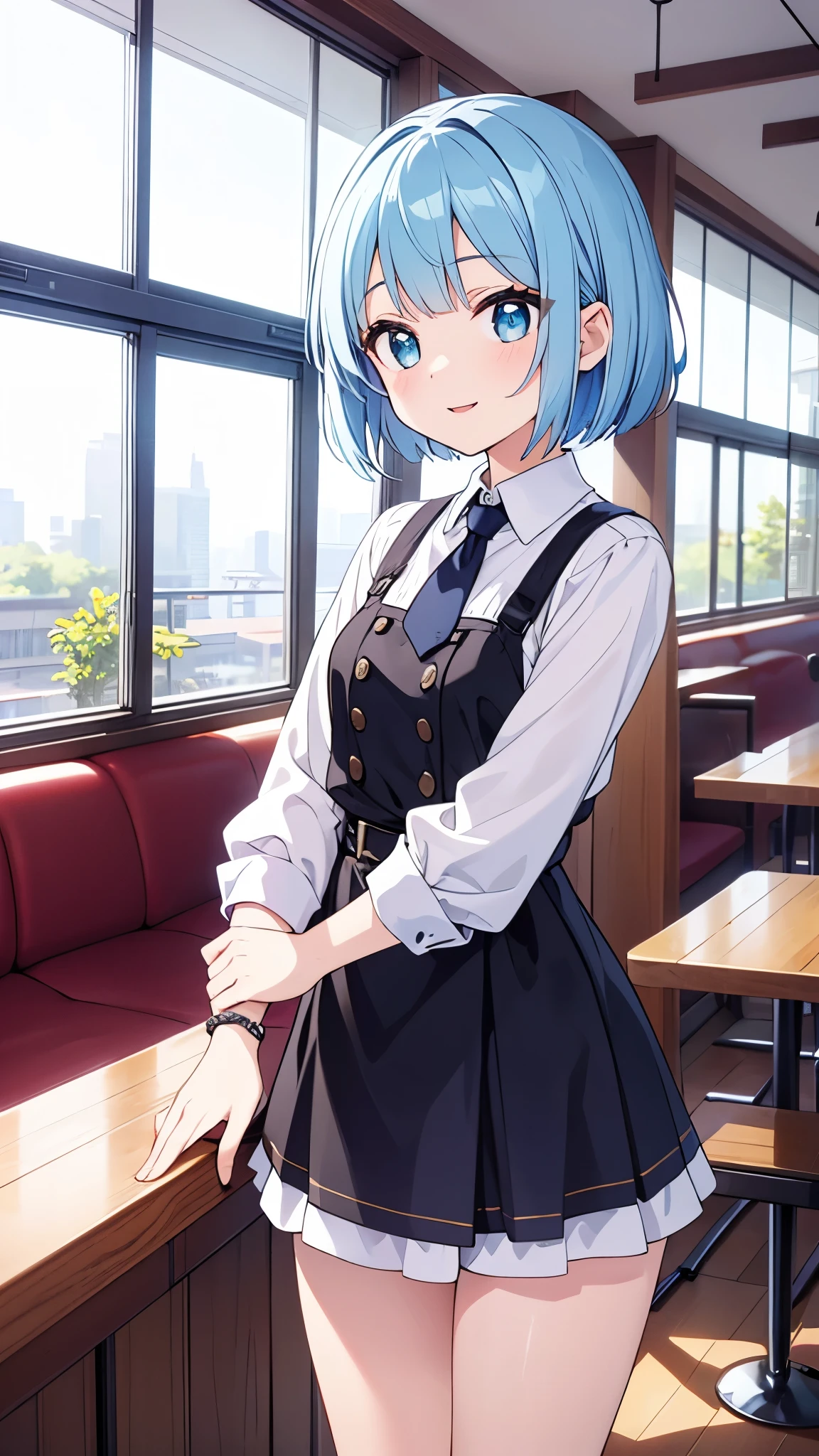 "A young female character with periwinkle blue hair styled in a short, slightly wavy bob cut with a small braid on one side. She has fair skin, large expressive eyes, and a cheerful expression. Her outfit is a modern, chic ensemble consisting of a white short-sleeved button-up shirt with a black tie, a black underbust corset, and high-waisted white cargo pants with multiple pockets. She accessorizes with several silver bracelets on her left wrist and a silver chain belt around her waist. The setting is a bright, airy café with large glass windows, wooden floors, and lush greenery both inside and outside. The overall atmosphere is light, peaceful, and inviting, with sunlight streaming in and creating a serene ambiance."