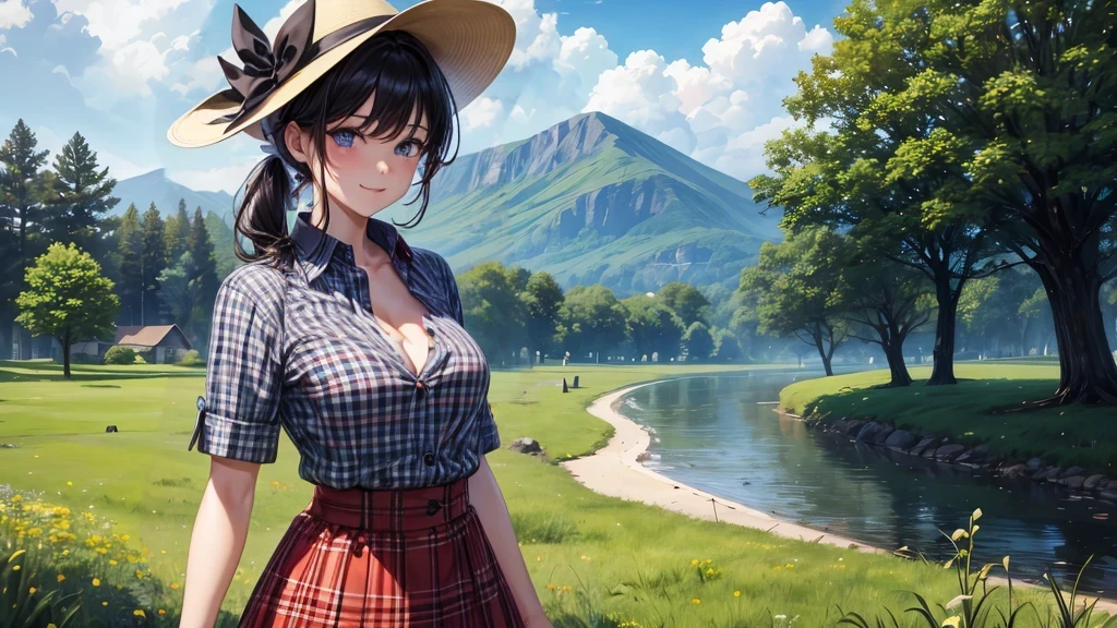 1girl, solo, rural landscape, village, trees, sun, clouds, fantasy, black hair, ponytail, large breasts, button down shirt, ((red checked shirt)), ((short sleeved shirt)), ((unbuttoned shirt)), popping buttons, unbuttoning buttons, cleavage 1:3, blue eyes, dark skirt, smile, looking at the viewer, standing, hair ribbon, golden necklate, elegant white hat