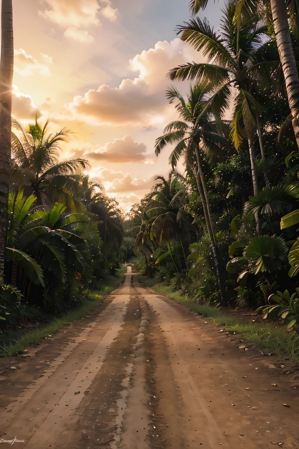 A dirt road with trees and bushes on both sides., coconut tree, HDR , in the tropical forest, Evening, coconut tree, palm tree, Tropical atmosphere, in the tropical forest, HDR, Heading into the sunset, Early morning, rainforest path