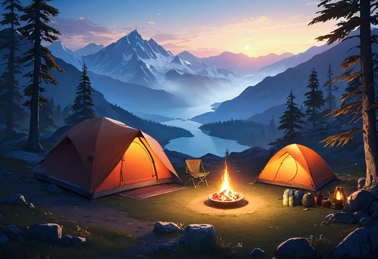 plateau,camp site,The view is amazing.,tent,Camping equipment,Highest quality, 8k, High resolution, masterpiece:1.2, Very detailed, Realistic:1.37, High resolution, 超High resolution, Very detailed, Professional, Vibrant colors